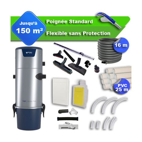 Aspirateur central Aertecnica TS4 garantie 3 ans + flexible rétractable 16 m standard + 7 accessoires + kit 1 prise RETRAFLEX + kit prise balai (rayon d'action 150 m2) (1/4)
