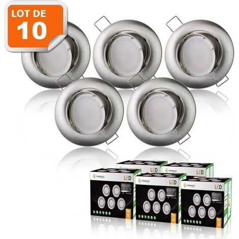 Lampesecoenergie – Lot de 10 spots led encastrables orientables 5W 6000K – Aluminium brossé – Ampoules GU10 – Installation facile 230V (1/4)