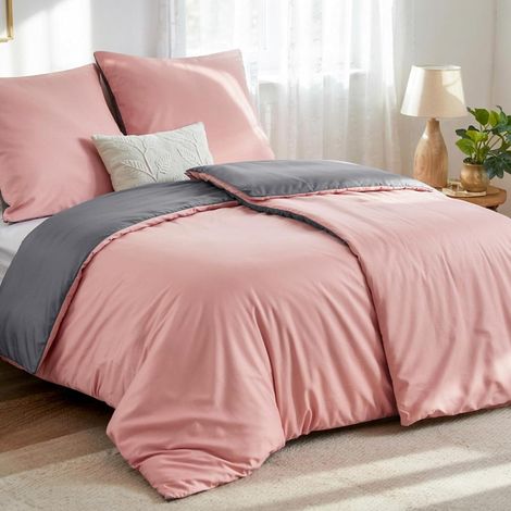 Bettwäsche-Set 135x200 cm 4-teilig Rosa Grau Mikrofaser Wendebettwäsche mit Reißverschluss (1/5)