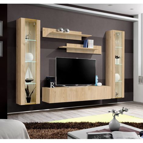 Ensemble meuble TV mural Fly A2 avec vitrine et éclairage LED - Bois MDF chêne Hickory Jackson - 240 x 170 x 40 cm - Livraison gratuite