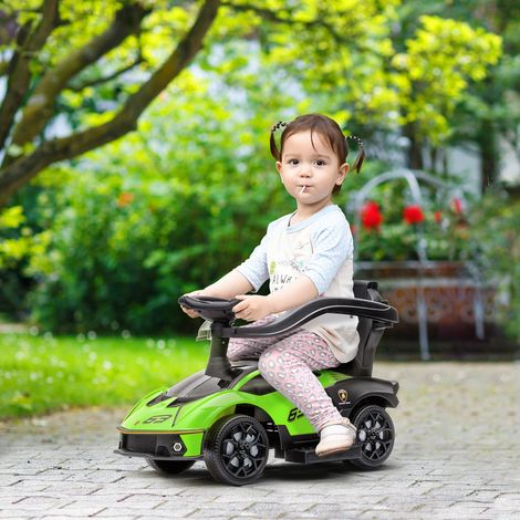 Voiture enfant 2-en-1 barre appui et sécurité - pour 3-6 ans - PP et métal - 86,5x40x89,5 cm - volant klaxon - verte noire