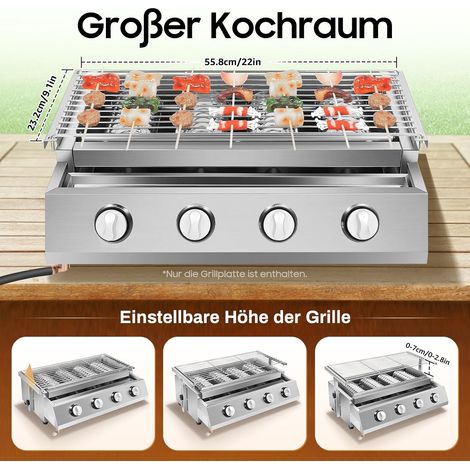 4 Brenner Gasbräter, 2800Pa LPG Edelstahl Grill Tischgrill Gas Tisch Gasgrill BBQ Gastrobräter mit Grillrost, 57x39x17,5cm Höhenverstellbar für Camping Balkon Garten