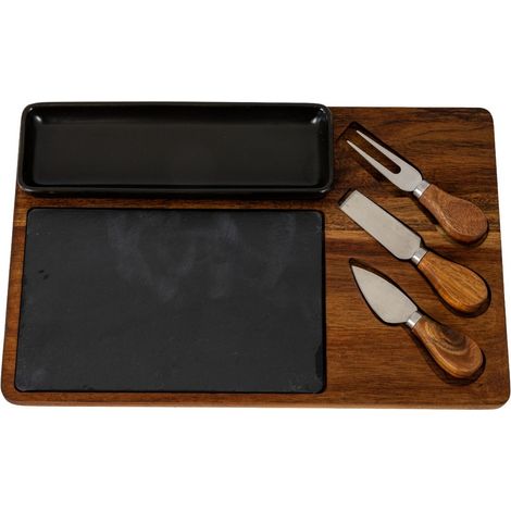 Acacia Cheese Board Set with Black Bowl, Slate and Cutlery - L23 x W36 x H4 cm - Brown