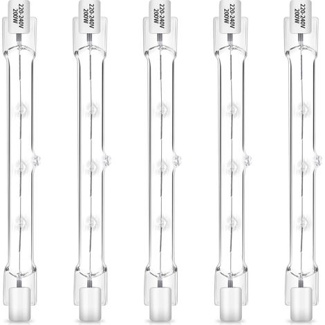 R7S Halogenlampe 118 mm 200 W, dimmbar, AC 220–240 V, 2000 lm, Warmweiß 2700 K, R7s lineare Wolfram-Flutlichtlampe J118, für Arbeitsscheinwerfer, Deckenleuchten, Landschaftsbeleuchtung, 5er-Pack