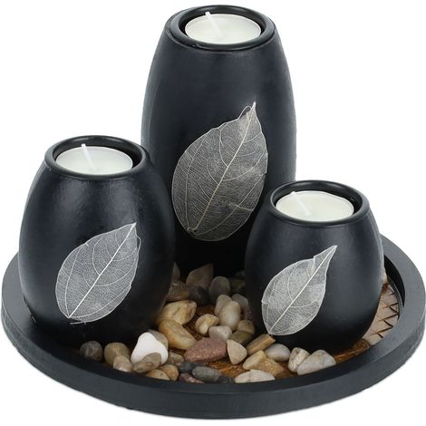 Relaxdays Set Portavelas con Bandeja y Piedras Decorativas, Ø 19,5 cm, 3 Velitas, Decoración de Mesa, Negro/Marrón