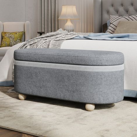 Panca contenitore con cassettone 110x41x47 cm - Panca da ingresso o salotto con piedini in legno - Tessuto in pile grigio