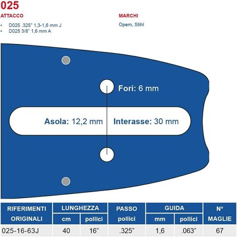 Barra motosega 40 cm - 16" passo .325", spessore 1.6 mm - .063" attacco 025, 67 maglie 451772