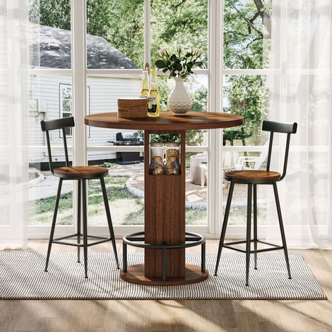 Ensemble bar 3 pièces : table ronde 80 cm avec 2 tabourets, table à manger en bois noyer, repose-pieds métal anneau, idéale pour salle à manger, café, bar, salon. (1/5)