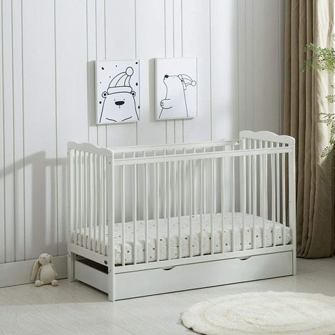 MCC Brooklyn Baby Cot Crib with Water repellent Mattress & Wheeled Drawer WHITE (1/5)
