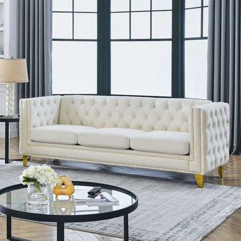 Canapé 3 places style Chesterfield 204,4 x 77,4 x 73,6 cm, en velours, capitonné, clous décoratifs, accoudoirs carrés, pieds dorés pour salon - Beige (1/5)