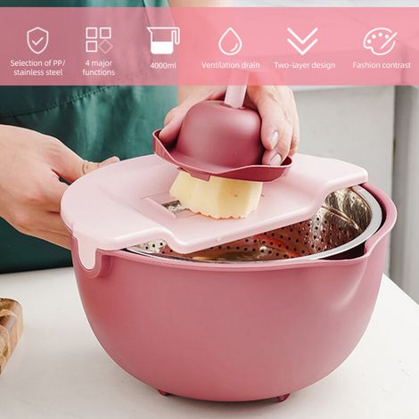 Küchensieb mit Schüssel, 9-in-1 Küchensieb, Obst- und Gemüsewascher/Sieb für Nudeln, Pasta und Reis, Doppelschicht-Drehschneider, 4 l - Crezuo
