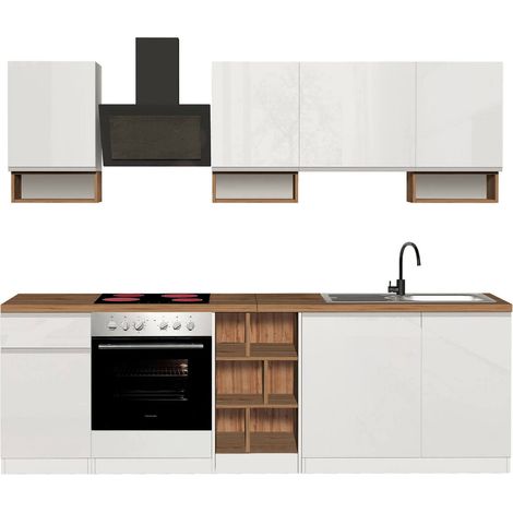 Dmora - Vollständige Küche Rudolf, Set mit Speisekammer, Küchenzeile Schrank, Linearer Blocksatz, 100% Made in Italy, 255x60h85 cm, Glänzendes Weiß und Eiche (1/5)