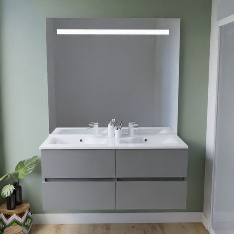 Meuble double vasque 120 cm ROSALY INOX + miroir Elégance ht105- Gris- Plan vasque en Résine