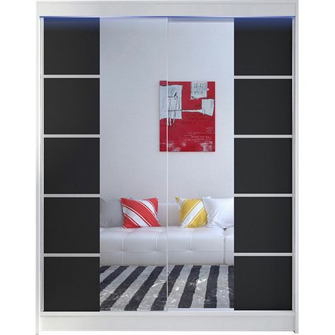 Armoire Closico 146, Blanc + Noir, 200x150x58cm, Portes d'armoire: Coulissantes, Nombre d'étagères: 5, LED (1/4)