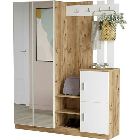 Dmora - Eingangsmöbel Borealis, Moderner Eingang, Wandgarderobe, Multifunktions-Aufbewahrungskonsole, 147x38h180 cm, Eiche und Weiß, mit verstärkter Verpackung