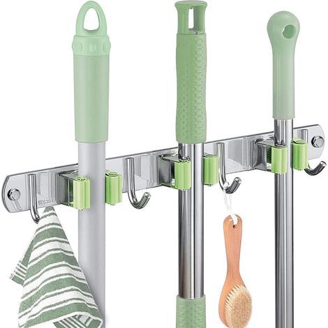 Wall-Mounted Broom Holder, Stainless Steel, Broom Holder with 3 Clips and 4 Hooks, Wall-Mounted Storage Organizer for Kitchen, Garden, Balcony, Garage (Screws and Adhesive Tape Included) - Green (1/5)