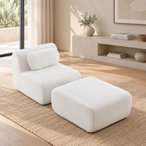 Fauteuil lounge modulable en chenille ivoire, mousse haute résilience 30D, sans structure rigide, sans montage, antidérapant, 79 x 177 x 71 cm (1/5)