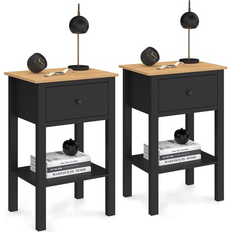 Set di 2 comodini ACHILLE, 1 cassetto e 1 ripiano in legno e nero
