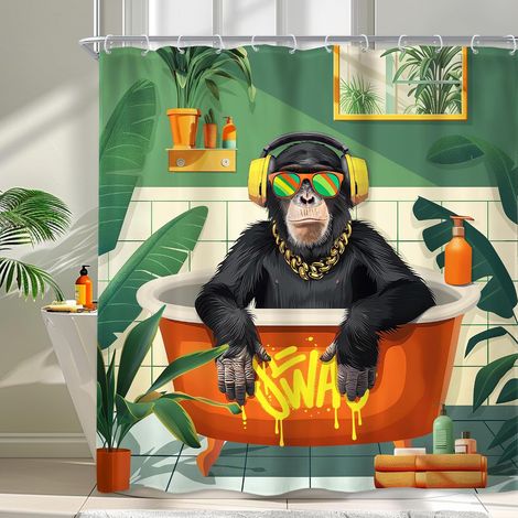 Rideau de Douche drôle avec Singe 180Lx180H cm Motif Feuilles de Palmier Tropical Animal se baignant dans la Baignoire Rideau de Douche Moderne et Cool Ensemble de Rideaux de Salle de Bain (1/5)