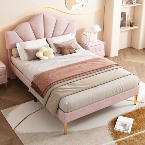 Lit double 140x190cm - Velours rose - Tête de lit réglable - Design élégant - Stable et durable (1/5)