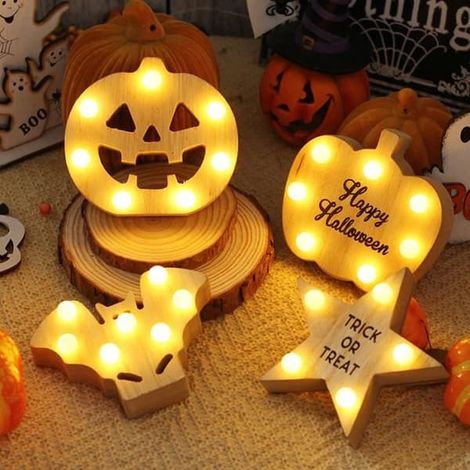 Ensemble de 4 décorations lumineuses en bois pour Halloween : lampes citrouille chauve-souris LED effrayantes (1/4)
