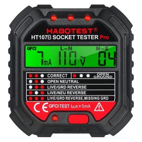 Testeur de Prise Avec Test RCD et Voyants.Testeur de Circuit Electrique.6 Types de Diagnostic D'Erreur.Courant Automatique Détecteur de Tension de Polarité.CAT ll 300V