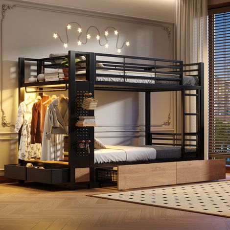 Litera, 90 x 200 cm, estructura de hierro, 4 cajones, múltiples estantes, con tira de luz LED, panel perforado, con barra para colgar ropa, espacio de almacenamiento, colchón no incluido, color negro, (1/5)