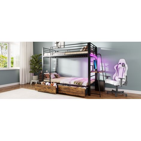 Lit superposé enfant 90x200 cm en métal noir, gain de place avec bureau et LED FloraGrace (1/5)