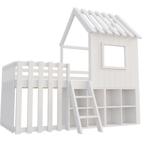 Cama cabaña infantil 90 x 200 con techo, ventana, almacenaje abierto y escalera, blanca HOMVRA (1/5)