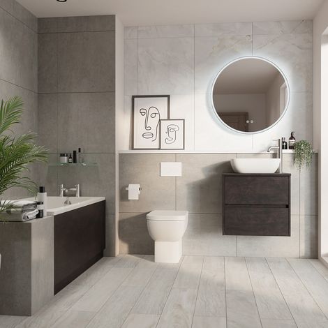 Alford 1400mm Steel Straight Single Ended Bathroom Suite including Matt White Flush Plate Back to Wall Toilet and Metallic Slate Vanity Unit with Countertop Basin (1/5)