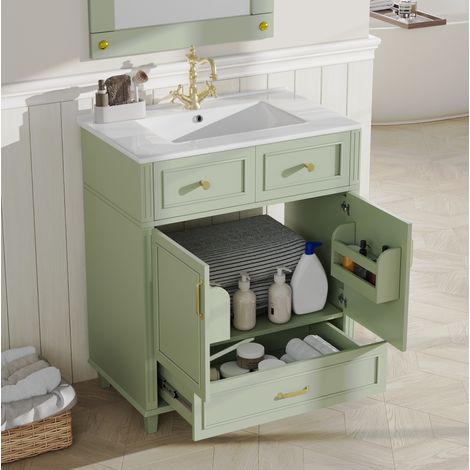 Mueble de baño con lavabo moderno verde en MDF con lavabo de cerámica, 1 cajón con cierre suave y 2 huecos abiertos, 81 x 45,5 x 86,5 cm (1/5)