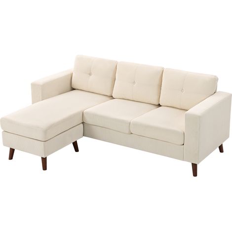 Canapé d’angle en forme de L 192 cm, 3 places avec chaise longue réversible, aspect velours côtelé, adapté aux petits espaces, crème