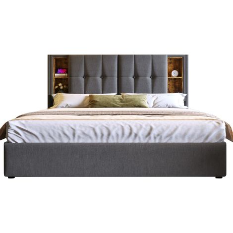 CHICFURN Cama doble tapizada 180x200 cm con carga inalámbrica, USB y USB-C, arcón abatible, cabecero con almacenaje, gris, para dormitorio moderno (1/5)