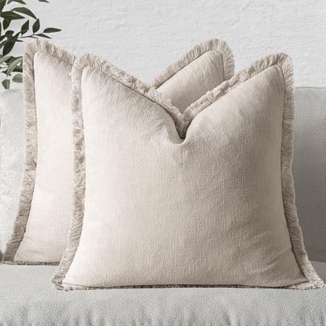 Housses de coussin décoratives de Noël, bordures en lin neutre, set de 2 coussins à pompons, housses de coussin bohème et rustique beige naturel pour canapé, lit et décoration de maison, 20x20 pouces (1/4)