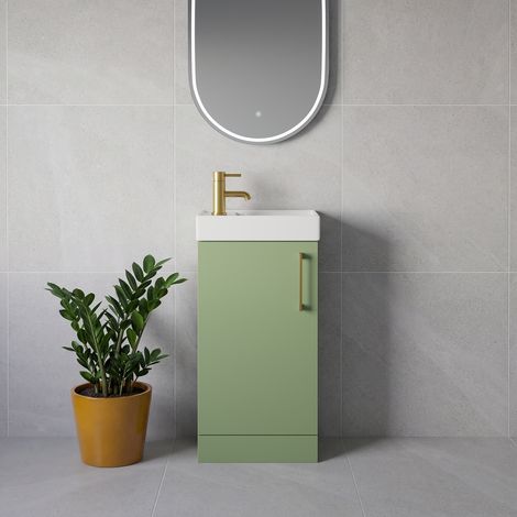 Napoli Cube Olive Green 400mm Single Door Vanity Unit with Align Basin - 400mm - Brushed Brass 160mm Handle