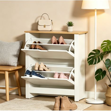 Mueble zapatero estrecho 72 x 26 x 80 cm blanco y madera natural HAVRYA (1/5)