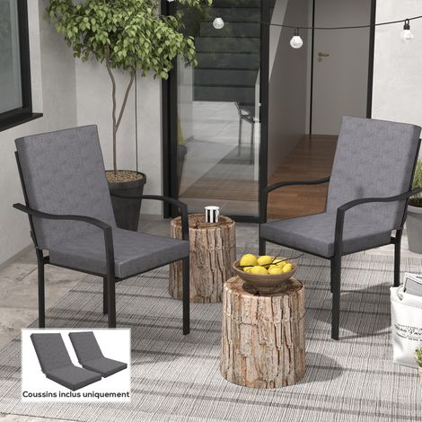 Lot de 2 coussins extérieur gris anthracite pour fauteuils et chaises, garnissage 8 cm avec liens d'attache, dimensions 112 x 51 cm
