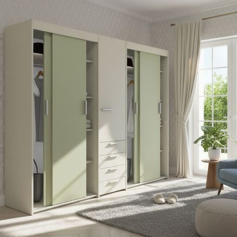Armadio scorrevole L.225 cm con cassettiera centrale integrata - Ecru e Salvia