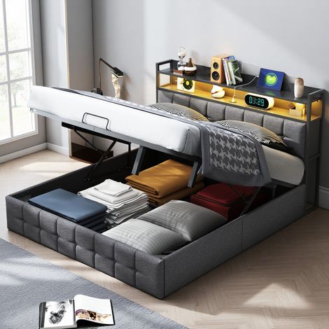 Lit 140x190 cm - tissu en lin - hydraulique - LED et USB - cadre de lit ado 140x190 cm - Gris (1/5)