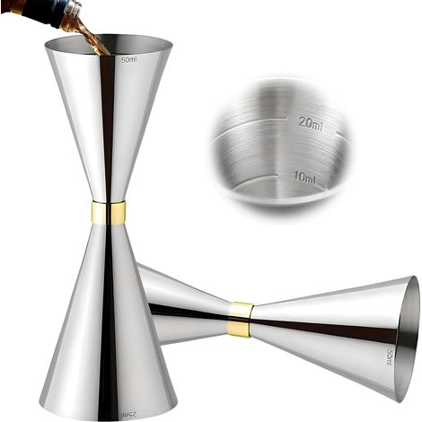 Medidor de cócteles, medidor de licores de acero inoxidable, vaso medidor profesional para bartender, medidor doble con marcas: 5 ml/10 ml/15 ml/20 ml/30 ml/40 ml, plateado (25/50 ml) (1/5)