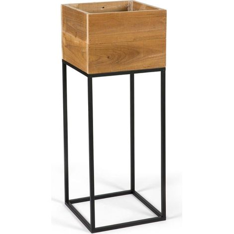 Cache pot sur pied en bois recyclé style rustique pour intérieur - bois naturel et métal noir (1/2)