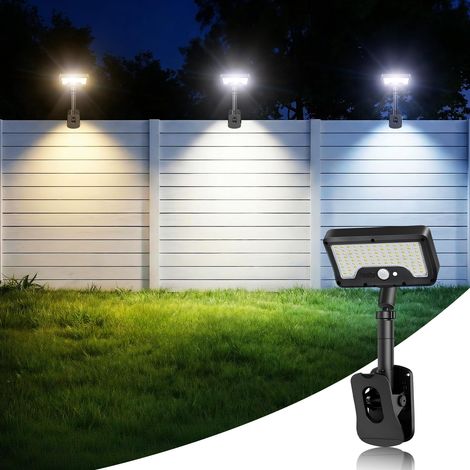 Ensemble de 1 lampe solaire à pince avec détecteur de mouvement, 92 LED, 600 lm, 3 températures de couleur, orientable à 360°, IP65, pour terrasse, gouttière, porche, noir (1/5)