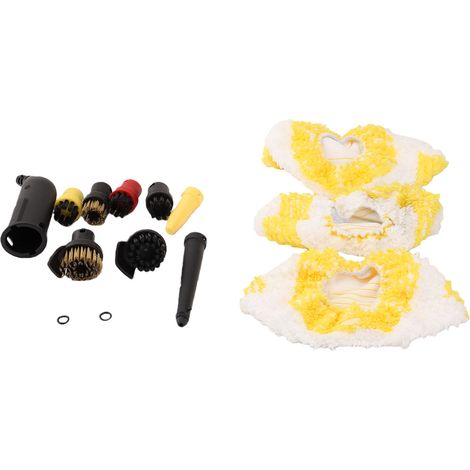 Set di accessori per pulitore a vapore: spazzole in filo di rame e nylon, ugelli, panni in microfibra, guarnizioni di tenuta per mobili da cucina e bagno e veicoli. (1/5)