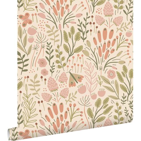 papier peint feuilles et fleurs vert olive grisé et terracotta - ESTAhome (1/5)
