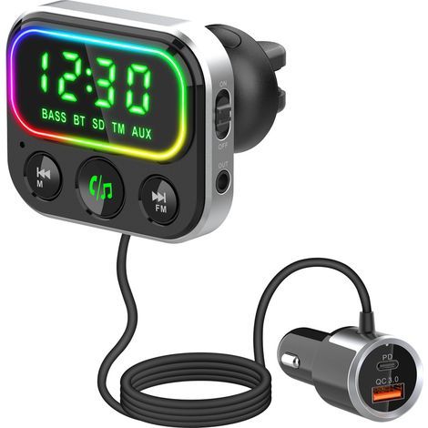 Émetteur FM, affichage de l'heure sur 24 heures, adaptateur autoradio Bluetooth 5.0 avec QC3. (1/5)