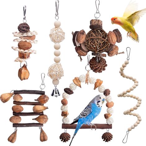 Jouet pour Oiseaux en Bois Naturel - Lot de 6 Accessoires avec Échelles, Balançoires, Cloches pour Perroquet, Perruches, Petite Aras, Oiseaux Inséparables (1/5)