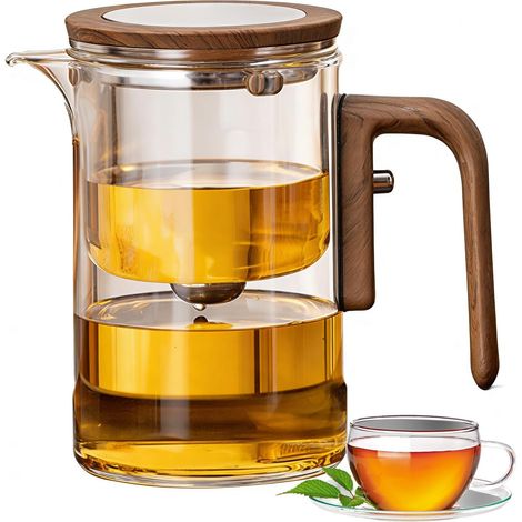 Théière en Verre avec Séparation d'eau,Theiere en Verre Borosilicate avec Infuseur,théière pour Thé en Feuilles manche en bois de noyer,cadeaux pour les amateurs de thé (600, Millilitres) (1/5)