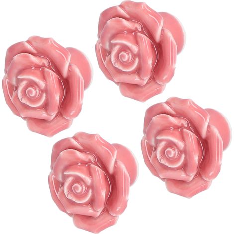 Lot de 4 poignées modernes en céramique en forme de rose pour meubles, salon ou chambre à coucher (rose) (1/5)