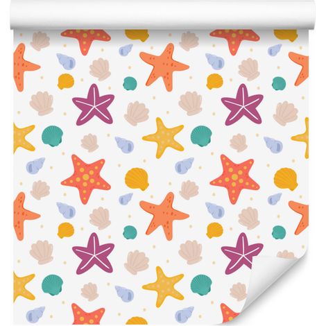 Carta da parati con stelle marine, bianca e crema, per soggiorno e camera da letto, 50x1000 cm. (1/5)