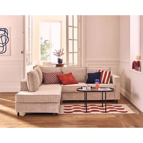 Jake - sofa mit abnehmbarer bezug linke ecke 5-sitzer in strukturiertem samt - beige
